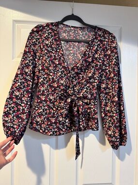 Women’s Black Floral Wrap Top with Tie